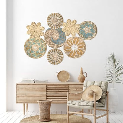 Xuhal 8 Pcs Boho Wall Basket Decor Decorative Bulrush Woven Basket Wall Decor Rustic Farmhouse Hanging Baskets for Kitchen Rustic Home Summer Decorations - style: Elegant