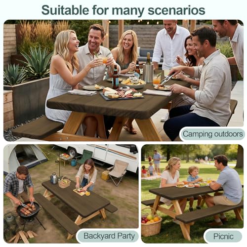 Picnic Table Cover with Bench Covers Camping Essentials Waterproof Windproof Camping Tablecloth with Drawstring Bag, Fitted Rectangle Tables and Seats, 96in, Dark Brown - color: Dark Brown, size: 96in