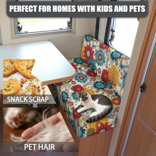 Boho Flowers RV Dinette Cushions Covers RV Bench Furniture Protector Set with 1 Backrest Cover & 1 Bench Cover, Washable - color: Boho Flowers