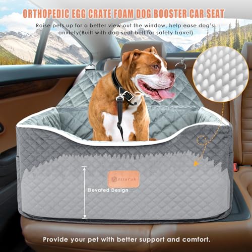 AlfaTok Memory Foam Booster Dog Car Seat for Medium Dogs Under 45 LBS, Elevated Pet Car Seat with Detachable Washable Cover, Anti-Slip Sturdy Dog Booster Seat with Seat Belt for Back Seat Travel - color: Grey
