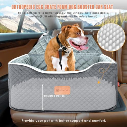 AlfaTok Memory Foam Booster Dog Car Seat for Medium Dogs Under 45 LBS, Elevated Pet Car Seat with Detachable Washable Cover, Anti-Slip Sturdy Dog Booster Seat with Seat Belt for Back Seat Travel - color: Grey