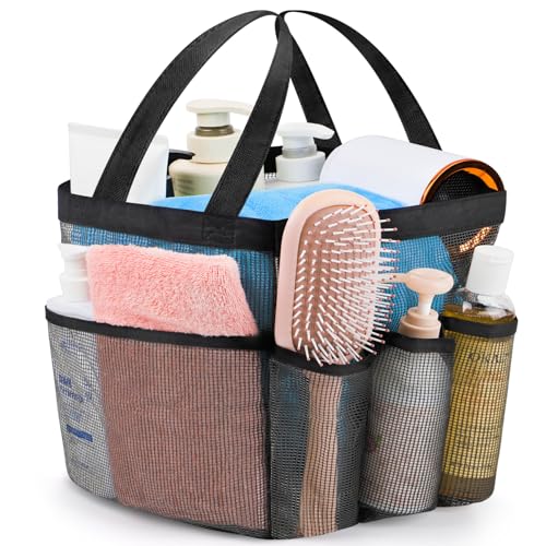 Attmu Mesh Shower Caddy Portable for College Dorm Room Camping Essentials, Shower Caddy Dorm with 9-Pockets, Large Capacity Hanging Basket Bathroom Bag for Toiletry, Swimming, Gym, Camp, Beach - color: Grey Black
