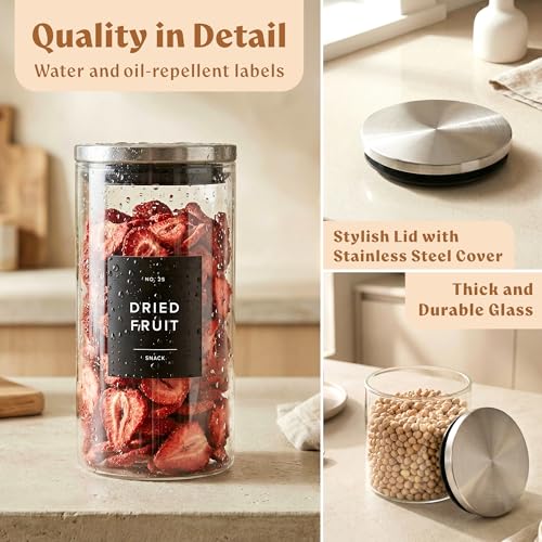 EDELHAUS Glass Storage Containers with Stainless Steel Lids [Extra Thick Glas] with 54 Labels - Canister For Pantry Noodles Flour Cereal Rice Sugar Tea Coffee Beans - Round Set of 5x - color: 5 Pack - Silver Lids