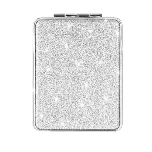 Compact Mirror for Women,Small Magnifying Travel Mirror with Glitter,Portable 2 x 1x Magnification Folding Pocket Makeup Mirror Cosmetic Mirror for Gift Travel Essentials - color: Silver-square