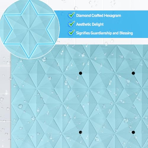 Non Slip Bathtub Mat for Bath Tub Shower Safety - Natural Rubber Mat with Suction Cups ＆ Drain Holes - BPA/PVC Free Large Bathroom Mat - Machine Washable - Unique Diamond Pattern - 17 × 35 Inch - color: Blue With Holes, size: 35" x 17" (Rectangular)