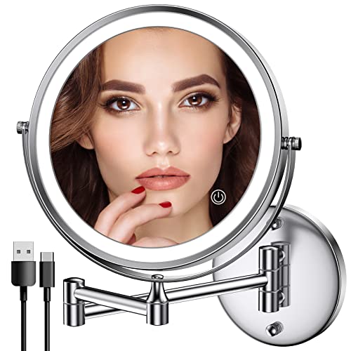 Rocollos Rechargeable Wall Mounted Lighted Makeup Mirror Chrome, 8 Inch Double-Sided LED Vanity Mirror 1X/10X Magnification,3 Color Lights Touch Screen Dimmable 360°Swivel 13 Inch Extendable - color: 8 Inch Chrome