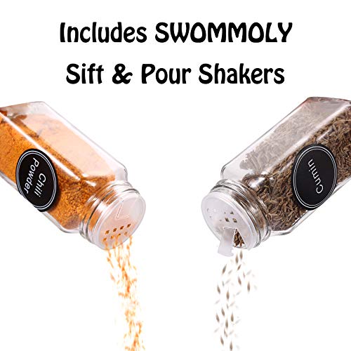 SWOMMOLY Spice Rack Organizer with 32 Glass Spice Jars, 396 Spice Labels, Chalk Marker and Funnel Complete Set, for Cabinet, Countertop, Cupboard or Wall Mount, Black - size: 4 Tier