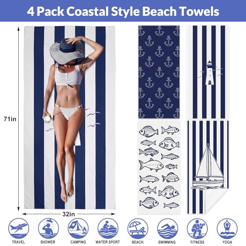 Frienda 4 Pack Microfiber Oversized Lightweight Beach Towel 71x32 in for Women Men Microfiber Quick Dry Sand Free Ocean Coastal Towels for Beach Pool Travel(Nautical) - style: Nautical