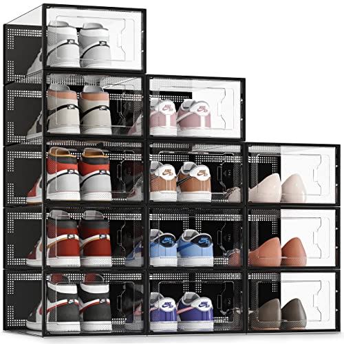 SEE SRPING XX-Large Shoe Storage Box Fit Size 14, Clear Plastic Stackable Shoe Organizer for Closet, Shoe Rack Sneaker Containers Bins Holders, Drawer Organize Unit, 12 Pack Black - color: Black, size: XX-Large Fit Size 14