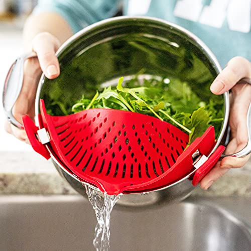 Arlig Clip On Pasta Strainer Silicone Universal Fit for all Pots and Bowls Snap On Drainer for Meat, Vegetables, Fruit Colander for Kitchen Easily Drain Food Space Saving - color: Green