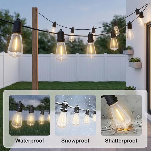 50FT LED Outdoor String Lights - 27 Shatterproof ST38 Edison Bulbs - Waterproof Patio Decor for Outside - Dimmable Bistro Cafe Hanging Lights - size: 50FT