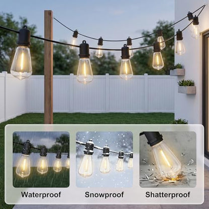50FT LED Outdoor String Lights - 27 Shatterproof ST38 Edison Bulbs - Waterproof Patio Decor for Outside - Dimmable Bistro Cafe Hanging Lights - size: 50FT
