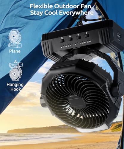 KopBeau Portable Camping Fan with Lights, 20000mAh Rechargeable Battery Operated Fan, Battery Powered Outdoor Beach Tent with 4 Speeds & Hook, Personal USB Table for Camping Accessories - size: Large