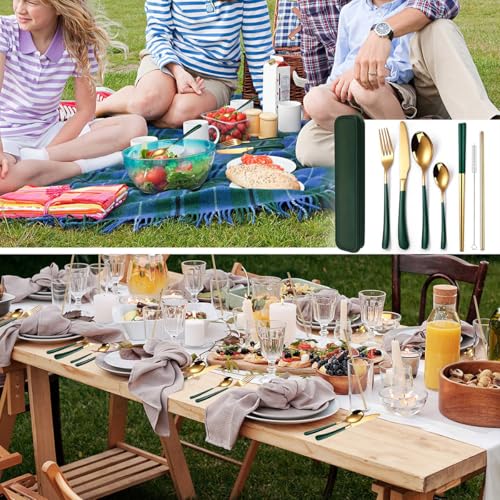 AARAINBOW 7 Pieces Stainless Steel Flatware Set Portable Reusable Cutlery Set Travel Utensils Set Including Chopsticks Knife Fork Spoon Straws Cleaning Brush Dishwasher Safe (7 Green Golden) - color: 7 Green Golden