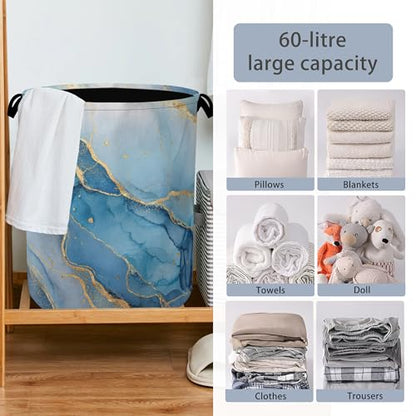 Blue Gold Marble Laundry Basket,Foldable with Handles Tote Bag Oxford Cloth for Bathroom Bedroom Dirty Clothes Storage Bucket 16" x 20.8" - color: Blue Gold Marble