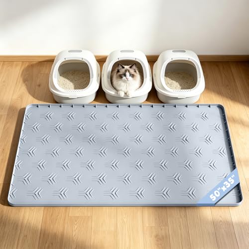 JUJOMAT Cat Litter Box Mat, 50"×35" Large Silicone Cat Litter Trapping Mat Non-Slip Gray Kitty Litter Mat for Indoor Cats, Waterproof Pet Food Mats Easy to Clean & Soft on Kitty Paws - size: 50"L x 35"W