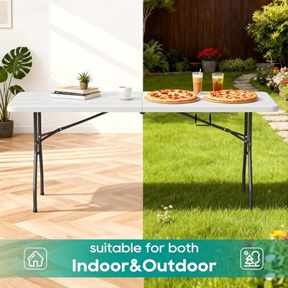 FDW 6FT Folding Table, Portable Fold-in-Half Plastic Picnic Party Table with Carrying Handle (White - color: White, size: 6 FT 70"x29"