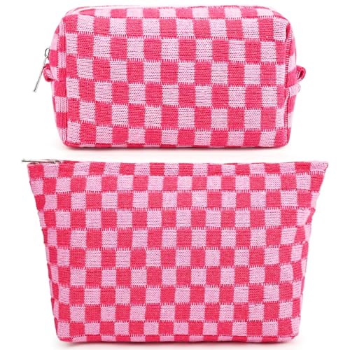 Travel Makeup Bag, Checkered Cosmetic Bag Make Up Organizer Case for Women, Small Toiletry Bag Skincare Pouch for Toiletries Accessories Brushes, 2PCS - color: Checkered, 2PCS - Rose Red