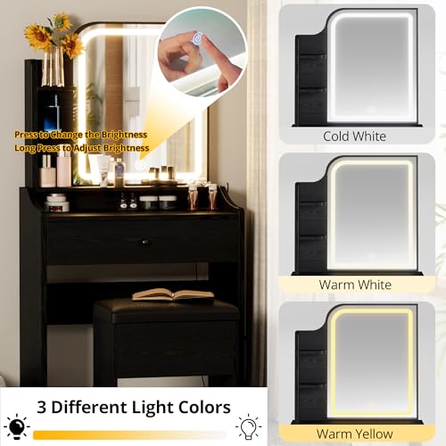 LIKIMIO Small Makeup Vanity Desk with Mirror and Lights, Vanity Table Set with Storage Drawer, Chair and Three Shelves, Bedroom, Black - color: Black