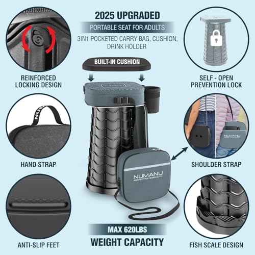 NUMANU 2026 Upgraded Collapsible Stool & 3IN1 Cushioned Carry Bag, Max 620lbs, 18" Height Adjustable Portable Stool Retractable Telescoping Seat, Foldable Camping Stool for Adults or Footrest (Square) - size: Square (Stool & 3IN1 Carry Bag)