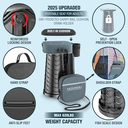 NUMANU 2026 Upgraded Collapsible Stool & 3IN1 Cushioned Carry Bag, Max 620lbs, 18" Height Adjustable Portable Stool Retractable Telescoping Seat, Foldable Camping Stool for Adults or Footrest (Square) - size: Square (Stool & 3IN1 Carry Bag)