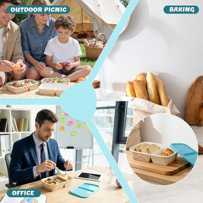 8 Pack 32oz Paper Lunch Box Bento Boxes, 2-Compartment Food Storage Containers with Lids, Leakproof Soak-Proof and Microwave Safe, Disposable To Go Boxes for Picnics, Offices, Catering, Blue Lid - color: Blue