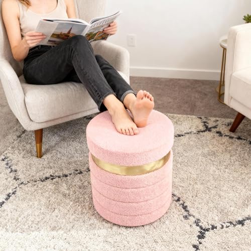 Round Ottoman with Storage, Foldable Vanity Stool with Soft Padded, Boucle Foot Stool for Dorm Room, Living Room and Bedroom, Pink