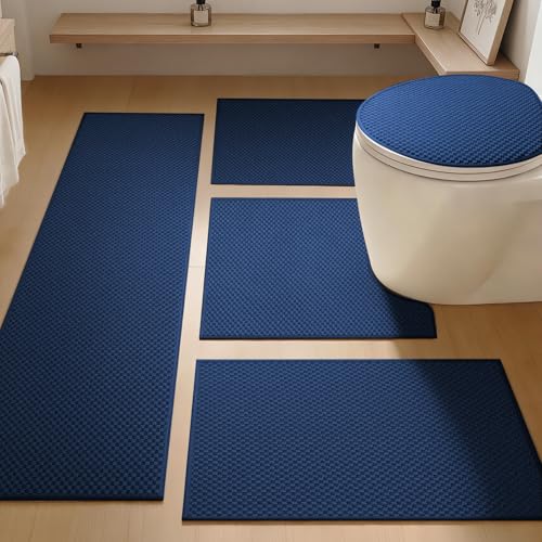 YIHOUSE Bathroom Rugs Sets 5 Piece Non Slip Washable, Absorbent Quick Dry Bath Mat Set with Toilet Mat, Weave Texture Low Profile Bath Rugs, Floor Mats for Bathroom, Tub & Shower, Dark Blue - color: Dark Blue, size: 5 Pieces