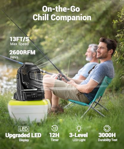 KopBeau Portable Camping Fan with Lights, 20000mAh Rechargeable Battery Operated Fan, Battery Powered Outdoor Beach Tent with 3 Speeds & Hook, Personal USB Table for Camping Accessories Black - size: Medium