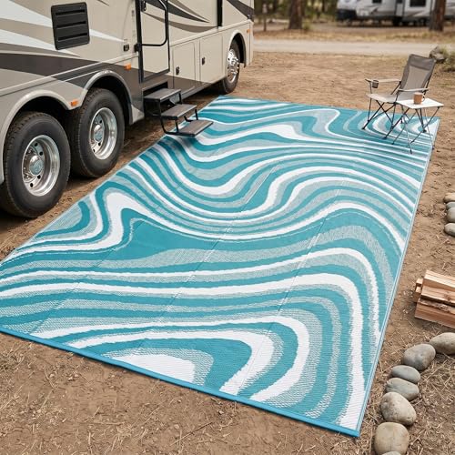 IDEALHOUSE Outdoor Rug PP Woven Mat Waterproof Reversible Portable Carpet for Patio RV Backyard Beach Balcony 9x18ft Lake Green Light Blue White - color: Lake Green/Light Blue/White, size: 9' x 18' (Rectangular)