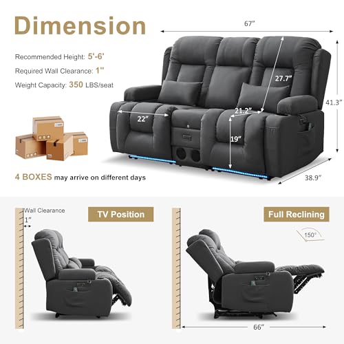 URRED Power Loveseat Recliner Sofa with Massage and Heat, Wall Hugger Reclining Loveseat with Console, RV Couch Home Theater Seating with LED Lights for Living Room (Gray, 67" - 2 Seats) - color: Grey, size: 67" - 2 Seats