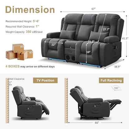 URRED Power Loveseat Recliner Sofa with Massage and Heat, Wall Hugger Reclining Loveseat with Console, RV Couch Home Theater Seating with LED Lights for Living Room (Gray, 67" - 2 Seats) - color: Grey, size: 67" - 2 Seats