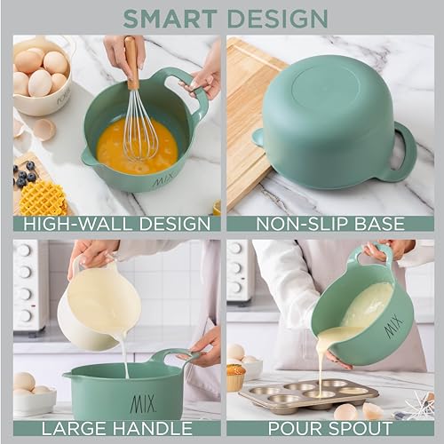 Rae Dunn Non-Slip Mixing Bowls - 4 Piece Nesting Plastic Mixing Bowl Set with Pour Spouts and Handles-Measurement Markings (Sage) - color: Sage