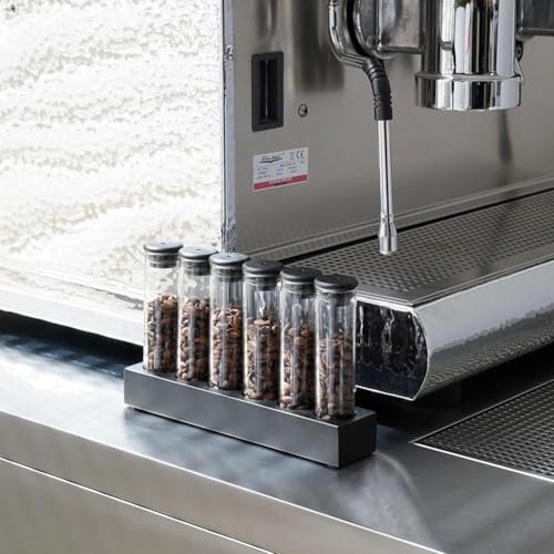 watchget Coffee Bean Container 6PCS Coffee Bean Cellars Tubes Single Dose Coffee Bean Storage with One-Way Exhaust Valve & Black Stand & Silicone Funnel- Organized Storage Solution - color: Black Aluminum Lid 6PCS