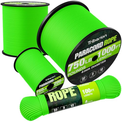 Paracord Rope 750 lb - 100ft 5/32" Parachute Cord 4MM 12-Strand para Cord - Heavy Duty Spool String for Survival,Camping Gear, Survival Bracelet, Clothesline - Neon Green - color: Neon Green, size: 100ft