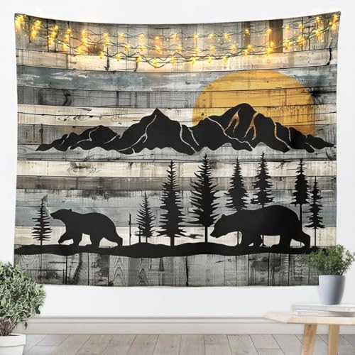 jejeloiu Bear Tapestry Wild Animal Hunting Wall Art for Living Room Bedroom Retro Wood Mountain Tree Wall Hanging Blanket Rustic Cabin Country Farmhouse Home Decor Small 51"x59" - color: Black Gray Orange, size: Small