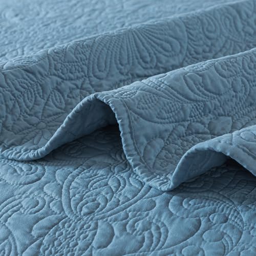HoneiLife Queen Quilt Bedding Sets - Lightweight Bedspreads 3-Piece, Microfiber Quilt Sets Reversible Coverlets Rustic Bed Cover Damask Pattern Bedding Sets All Season Use - color: Dusty Blue, size: Queen/Full-90"x96"