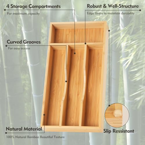 Upassion Bamboo Kitchen Drawer Organizer, 7 Inch Silverware Utensil Holder for Small Drawer, Wood Silverware Organizer for Cutlery - size: 7 x 13 inch (4 Slots)