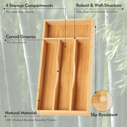 Upassion Bamboo Kitchen Drawer Organizer, 7 Inch Silverware Utensil Holder for Small Drawer, Wood Silverware Organizer for Cutlery - size: 7 x 13 inch (4 Slots)
