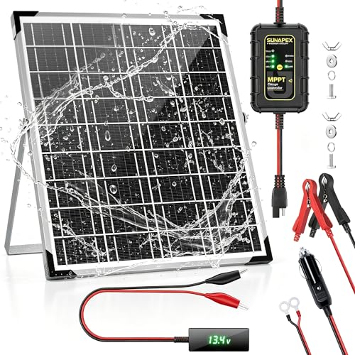 SUNAPEX 12V Solar Battery Charger with LCD Voltage Tester - 15W Solar Battery Trickle Charger with Smart MPPT Controller- Waterproof Solar Battery Maintainer for Boat Marine RV Trailer Truck - size: 15W - MPPT