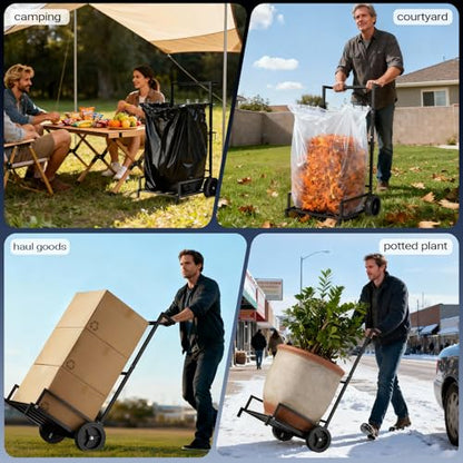 2-in-1 Leaf Bag Holder Cart & Hand Truck Dolly, Heavy Duty Garden Trash Bag Stand with 7" All-Terrain Wheels, 200lbs Capacity, Anti-Loss Clips & Utility Basket for Yard Work, Moving, Camping
