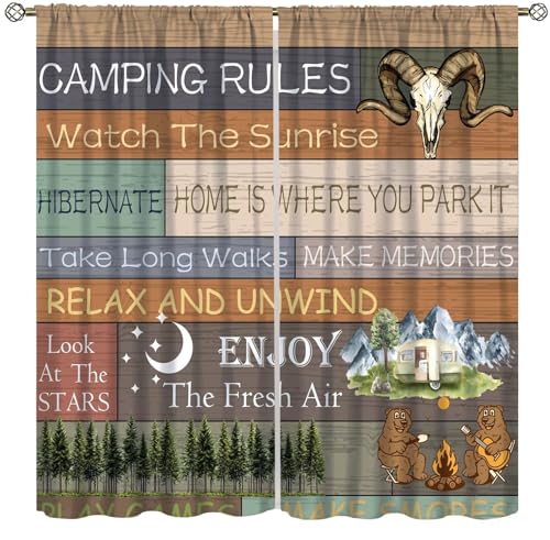 Camping Rules Curtain,Campervan Traveller Outdoor Caravan,Rustic Cottage Forest Vintage Plank Background Window Treatments for Bedroom Living Room Kitchen Decor 42" W X 45" L - color: Camping-3, size: 20.5"W x 45"L (Pack of 2)
