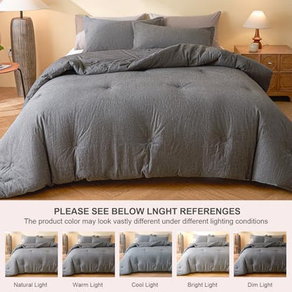 100% Cotton Comforter Set Queen Size – Reversible Yarn-Dyed Design, Soft Washed Cotton on Both Sides, Lightweight All-Season Bedding, Machine Washable(Black Grey, 90”x90”) - color: Black Grey, size: Queen(90"x90")
