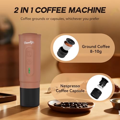 H02PRO Travel Coffee Maker, Portable Espresso Machine for Camping, 20 Bar Mini Coffee Maker Compatible with NS Capsule & Ground Coffee, Battery Operated Self-heating Car Coffee Machines for Travel - color: Mousse Brown