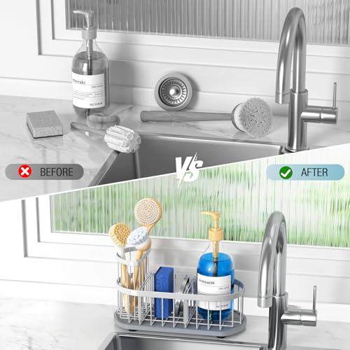 Sponge Holder for Kitchen Sink with High Brush Holder, [Stay-Dry Anywhere & No Drainage Needed] Rustproof Stainless Steel Kitchen Sink Caddy Organizer with Water Absorbing Stone Tray, White - color: White