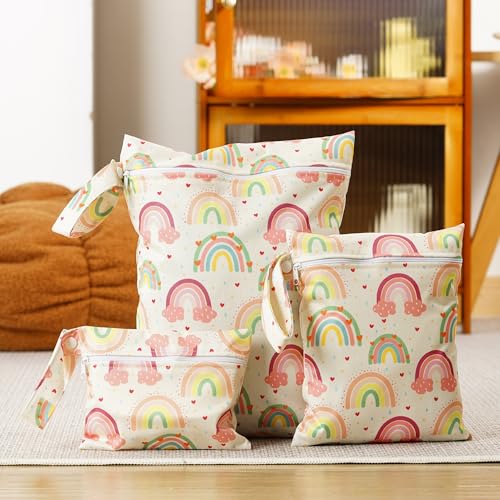 Happy Flute 3 Set Wet Bag Storage Bag Zipper Waterproof Washable | Travel Bags, Beach, Pool, Gym Bag for Cloth Diaper, Swimsuits & Wet Clothes(Rainbow2) - color: Rainbow2