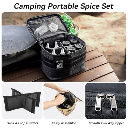 HIKEMAN Camping Portable Spice Set with 9 Spice Containers Pepper & Salt Spice Shakers, Separable Storage Bag for Outdoor Travel Camping BBQ Picnic (Army Green)