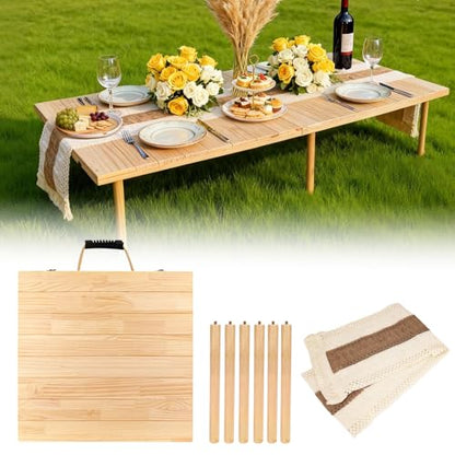 60"x30" Low Folding Picnic Table, Portable Boho Floor Table with Tablecloth, Ideal for Camping, Wedding, Beach, Garden, Party