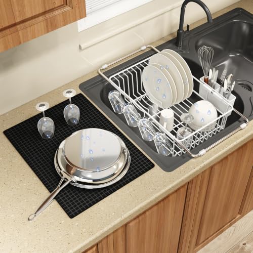 MAJALiS White Dish Drying Rack Over The Sink with Utensil Holder, Mat | Expandable Stainless Steel Dish Drainer for Small Kitchen, Apartment, RV, Counter Space Saving, Perfect Fit, Rustproof - color: White, size: For 11.5"-16" W Sink with Cup Holder & Mat