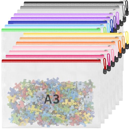 EVERECO 15 Pack A3 Mesh Zipper Pouch Bags (16.7x12 in) - Large Plastic Zipper Pouches for Organizing, Board Game Storage & Puzzle Storage, Toy Organizer Bags, Travel Bag Organizer - style: 15 Pack